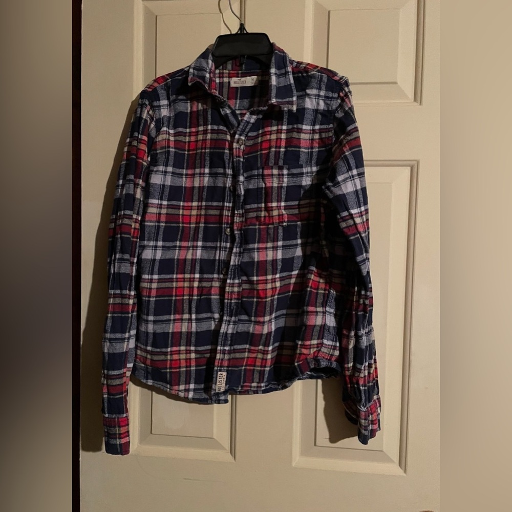 Hollister Men's Casual Plaid Shirt - Navy, Red, White